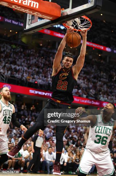 Larry Nance Jr. Of the Cleveland Cavaliers dunks in the second quarter against the Boston Celtics during Game Six of the 2018 NBA Eastern Conference...