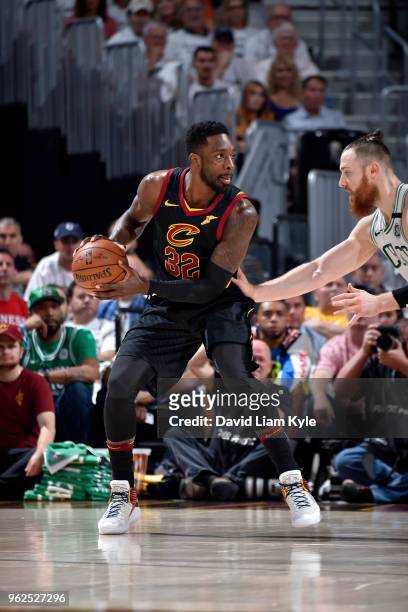 Jeff Green of the Cleveland Cavaliers handles the ball against the Boston Celtics in Game Six of the Eastern Conference Finals of the 2018 NBA...