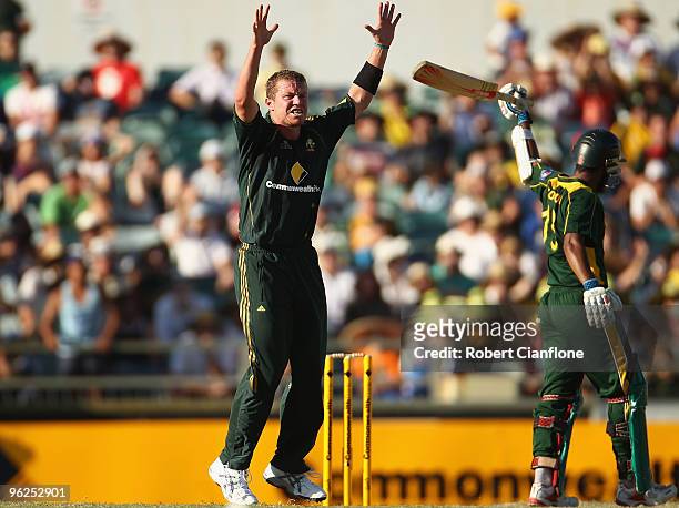 Peter Siddle of Australia celebrates takes the wicket of Mohammad Yousuf of Pakistan during the fourth One Day International match between Australia...