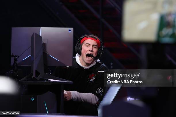 OneWildWalnut of Blazer5 Gaming reacts against Bucks Gaming on May 25, 2018 at the NBA 2K League Studio Powered by Intel in Long Island City, New...