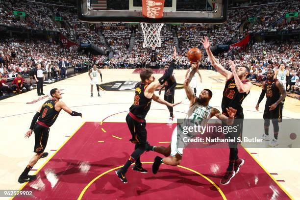 Marcus Morris of the Boston Celtics shoots the ball against the Cleveland Cavaliers during Game Six of the Eastern Conference Finals of the 2018 NBA...