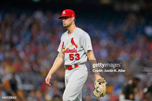 John Gant of the St. Louis Cardinals walks off the field in the sixth inning against the Pittsburgh Pirates at PNC Park on May 25, 2018 in...