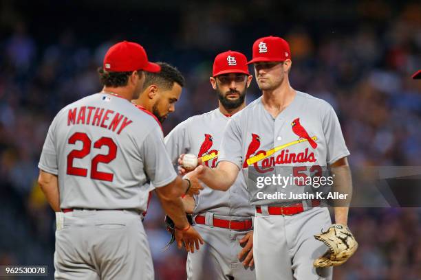 Manager Mike Matheny of the St. Louis Cardinals removes John Gant of the St. Louis Cardinals in the sixth inning against the Pittsburgh Pirates at...