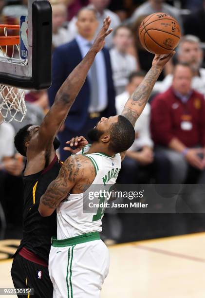 Tristan Thompson of the Cleveland Cavaliers blocks a shot by Marcus Morris of the Boston Celtics in the first half during Game Six of the 2018 NBA...