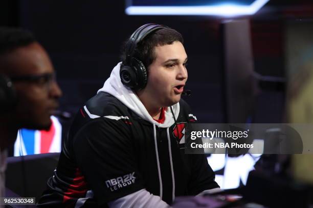 Dat Boy Shotz of Blazer5 Gaming reacts against Bucks Gaming on May 25, 2018 at the NBA 2K League Studio Powered by Intel in Long Island City, New...