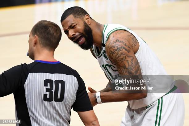 Marcus Morris of the Boston Celtics reacts to referee John Goble in the first half against the Cleveland Cavaliers during Game Six of the 2018 NBA...