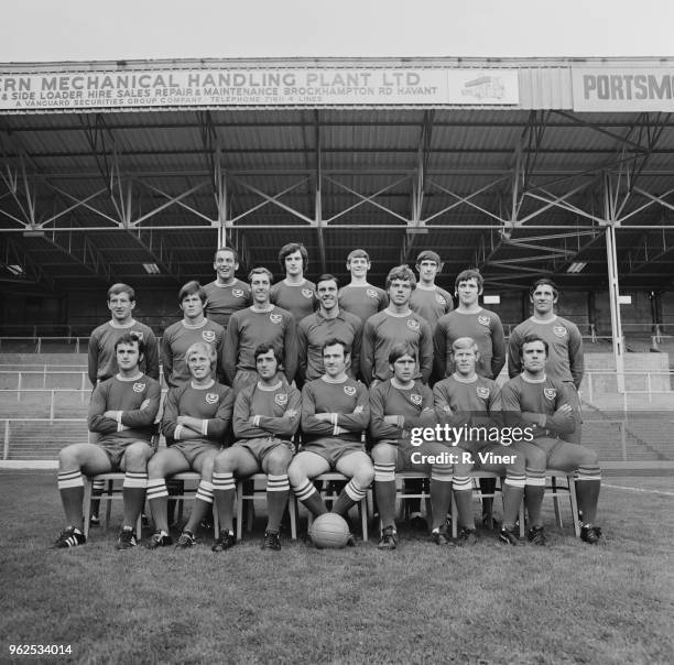 Portsmouth Football Club team squad posed together on the pitch at Fratton Park stadium in Portsmouth at the start of the 1970-71 football season on...