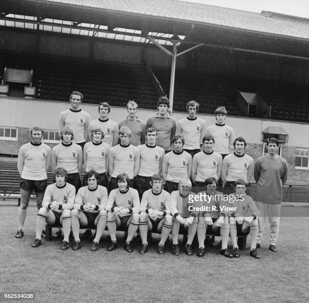 Wolverhampton Wanderers Football Club team squad posed together on the pitch at Molineux stadium in Wolverhampton at the start of the 1970-71...