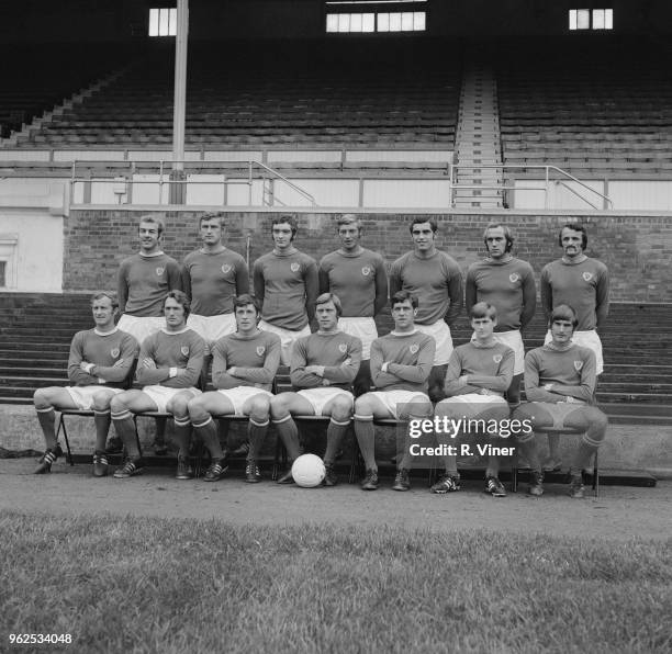 Leicester City Football Club team squad posed together on the pitch at Filbert Street stadium in Leicester at the start of the 1970-71 football...