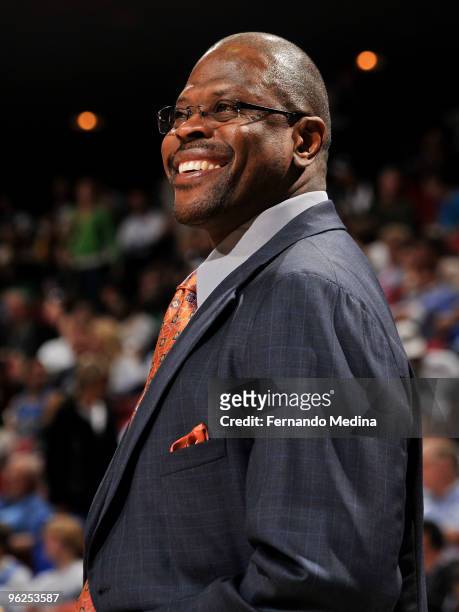 Assistant coach Patrick Ewing of the Orlando Magic reacts with a smile during the game against the Boston Celtics on January 28, 2010 at Amway Arena...