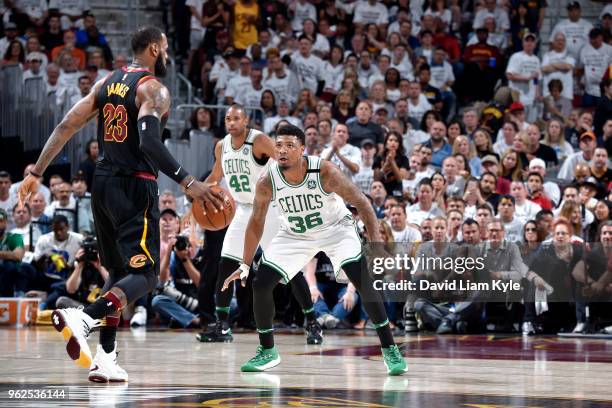 Marcus Smart of the Boston Celtics plays defense against the Cleveland Cavaliers in Game Six of the Eastern Conference Finals of the 2018 NBA...