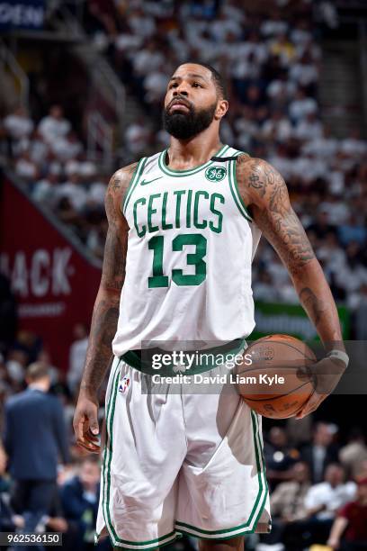 Marcus Smart of the Boston Celtics shoots a free throw against the Cleveland Cavaliers in Game Six of the Eastern Conference Finals of the 2018 NBA...