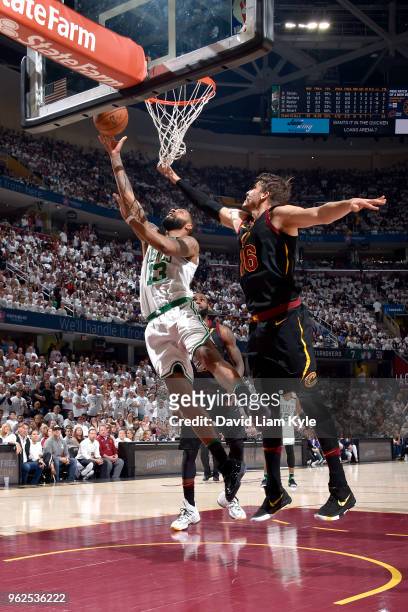 Marcus Morris of the Boston Celtics goes to the basket against the Cleveland Cavaliers in Game Six of the Eastern Conference Finals of the 2018 NBA...