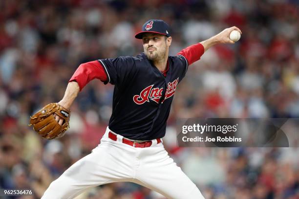 Andrew Miller of the Cleveland Indians pitches in the seventh inning against the Houston Astros at Progressive Field on May 25, 2018 in Cleveland,...