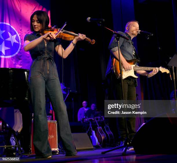 Amanda Shires and Jason Isbell perform onstage for Country's Roaring '70s: Outlaws and Armadillos exhibition opening concert at Country Music Hall of...