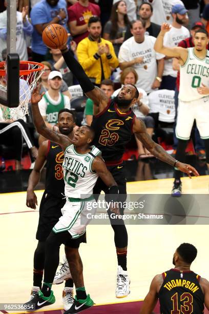 LeBron James of the Cleveland Cavaliers goes up for the block against Terry Rozier of the Boston Celtics in the third quarter during Game Six of the...