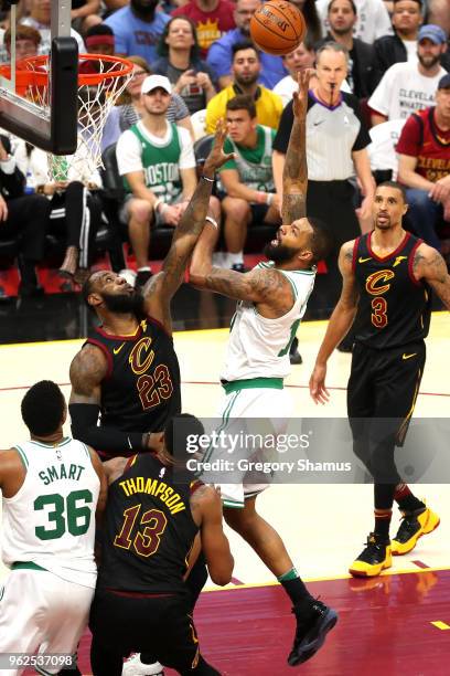 Marcus Morris of the Boston Celtics shoots against LeBron James of the Cleveland Cavaliers in the third quarter during Game Six of the 2018 NBA...