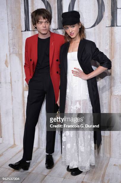 Charlie Heaton and Natalia Dyer attend the Christian Dior Couture S/S19 Cruise Collection Photocall At Grandes Ecuries De Chantillyon May 25, 2018 in...