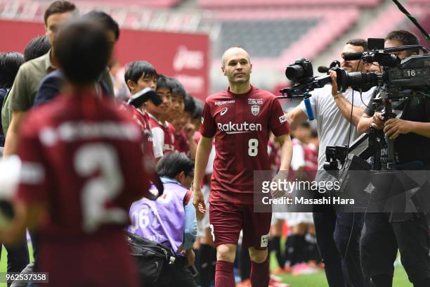 Andres Iniesta looks on during the fan meeting event.Vissel Kobe new player Andres Iniesta meets supporters at Noevir Stadium Kobe on May 26, 2018 in...