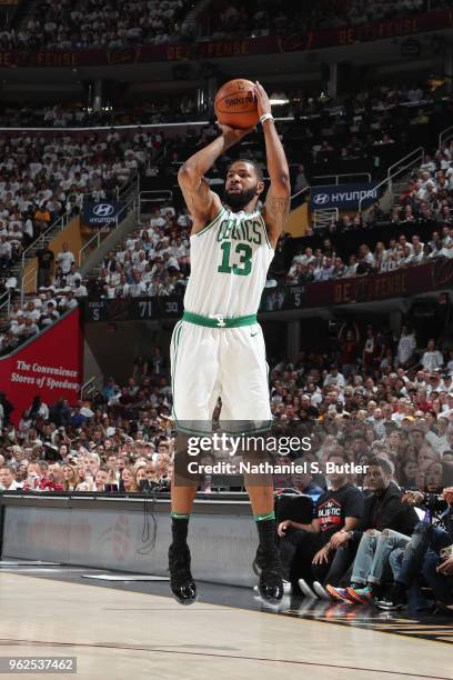 Marcus Morris of the Boston Celtics shoots the ball against the Cleveland Cavaliers during Game Six of the Eastern Conference Finals of the 2018 NBA...