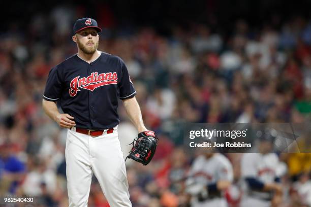 Cody Allen of the Cleveland Indians reacts after walking in a run in the eighth inning against the Houston Astros at Progressive Field on May 25,...