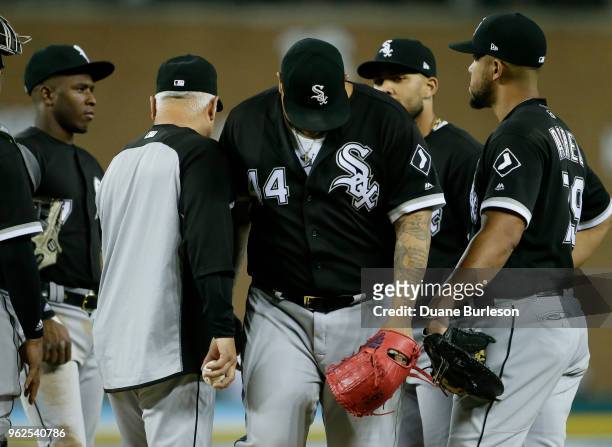 Bruce Rondon of the Chicago White Sox is pulled by manager Rick Renteria of the Chicago White Sox after giving up a game-tying hit to Nicholas...