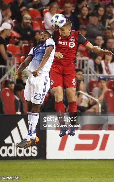 Dallas midfielder Kellyn Acosta and Toronto FC defender Nick Hagglund head the ball as Toronto FC falls FC Dallas 1-0 at BMO Field in Toronto. May...