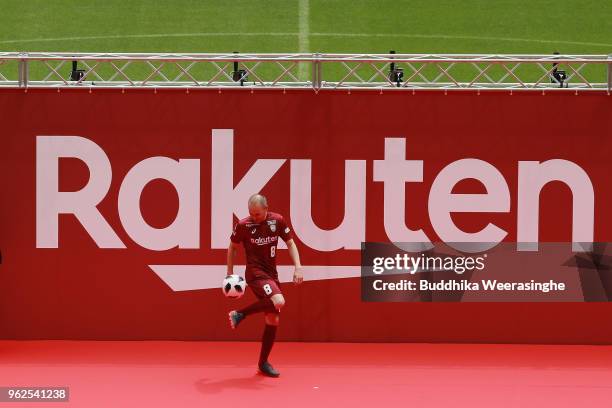 Vissel Kobe new player Andres Iniesta juggles the ball during the fan meeting at Noevir Stadium Kobe on May 26, 2018 in Kobe, Hyogo, Japan.