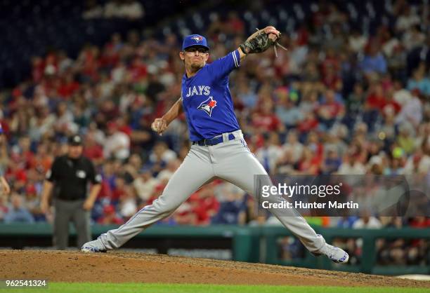 Tyler Clippard of the Toronto Blue Jays throws a pitch in the eighth inning during a game against the Philadelphia Phillies at Citizens Bank Park on...
