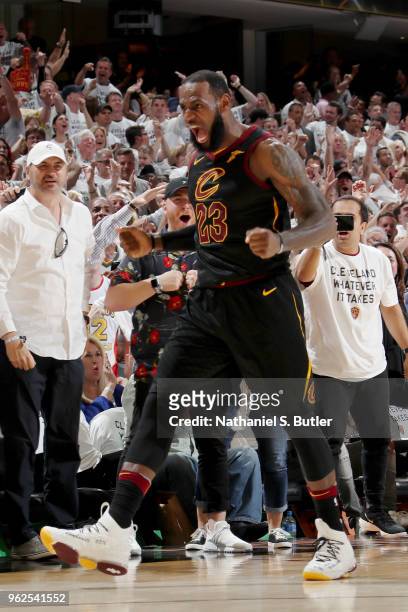 LeBron James of the Cleveland Cavaliers reacts during the game against the Boston Celtics during Game Six of the Eastern Conference Finals of the...
