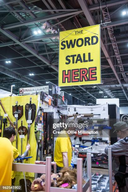 Weapons and replica firearms on sale on Day 1 of the MCM London Comic Con at The ExCel on May 25, 2018 in London, England.