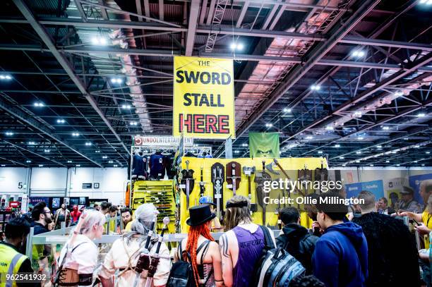 Weapons and replica firearms on sale on Day 1 of the MCM London Comic Con at The ExCel on May 25, 2018 in London, England.