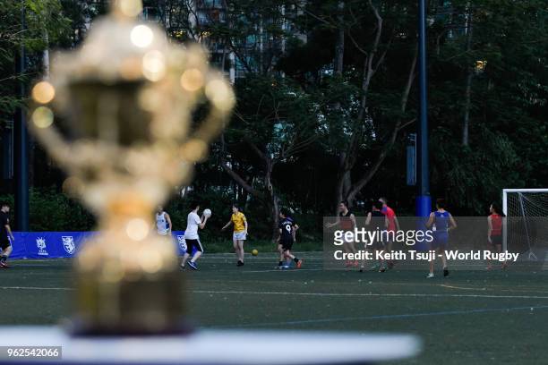 Members of the HKRU Deaf Rugby Team and the Hong Kong Women's National Sevens Team take part in a rugby training session at King George V School...