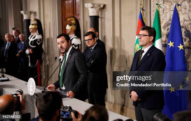 Italian politician and Federal Secretary of Lega Nord Matteo Salvini at Quirinale palace for a round of government formation talks with President...