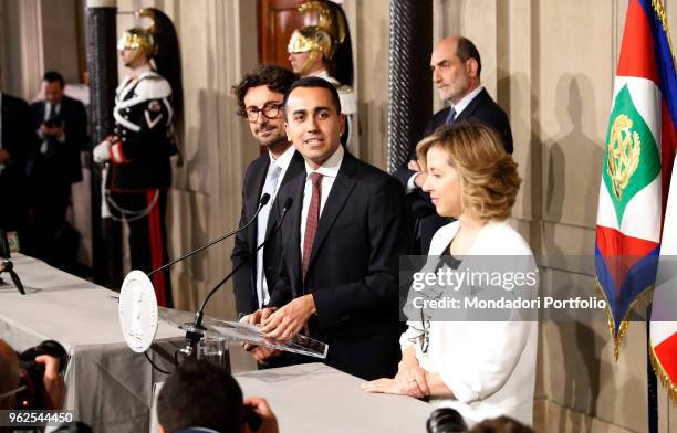 Italian politician Luigi Di Maio, leader of the Five Star Movement, with his colleagues Danilo Toninelli and Giulia Grillo at Quirinale after a round...