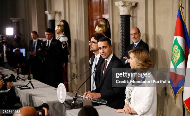 Italian politician Luigi Di Maio, leader of the Five Star Movement, with his colleagues Danilo Toninelli and Giulia Grillo at Quirinale after a round...