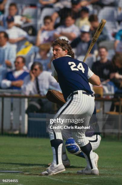 English cricketer Ian Botham during a Scottish Amicable Cup baseball match, 1987.