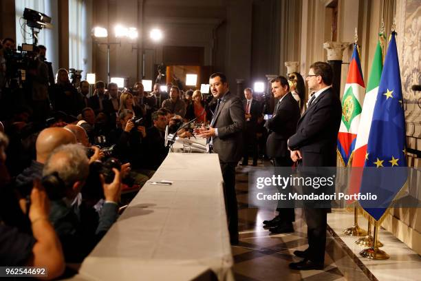 Italian politician and Federal Secretary of Lega Nord Matteo Salvini at Quirinale palace for a round of government formation talks with President...