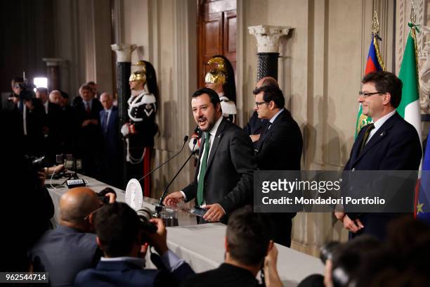 Italian politician and Federal Secretary of Lega Nord Matteo Salvini at Quirinale palace for a round of government formation talks with President...
