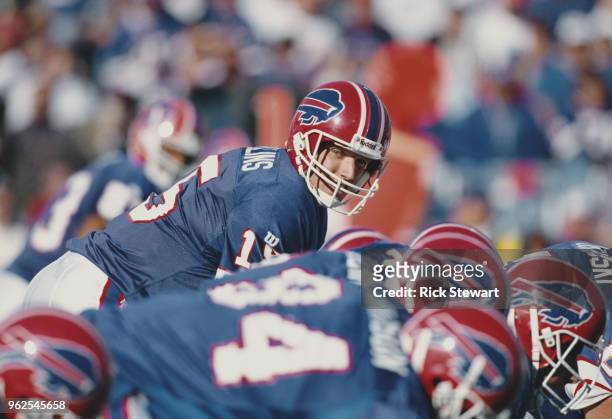 Todd Collins, Quarterback for the Buffalo Bills calls the play at the line of scrimmage during the American Football Conference East game against the...