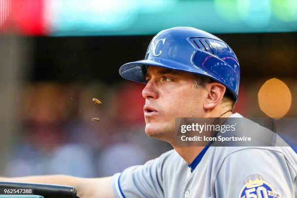 Kansas City Royals first base coach Mitch Maier spits out sunflower seeds during the game between the Texas Rangers and the Kansas City Royals on May...