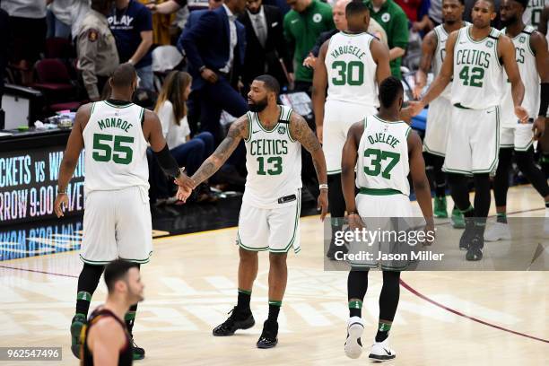 Marcus Morris of the Boston Celtics reacts with teammates after being defeated by the Cleveland Cavaliers during Game Six of the 2018 NBA Eastern...