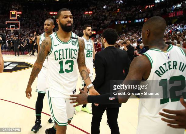 Marcus Morris of the Boston Celtics reacts with teammates after being defeated by the Cleveland Cavaliers during Game Six of the 2018 NBA Eastern...