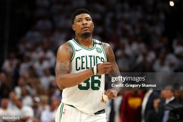 Marcus Smart of the Boston Celtics looks on after being defeated by the Cleveland Cavaliers during Game Six of the 2018 NBA Eastern Conference Finals...