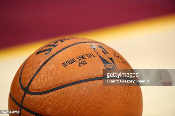 The game ball sits on the court during Game Six of the 2018 NBA Eastern Conference Finals between the Cleveland Cavaliers and the Boston Celtics at...
