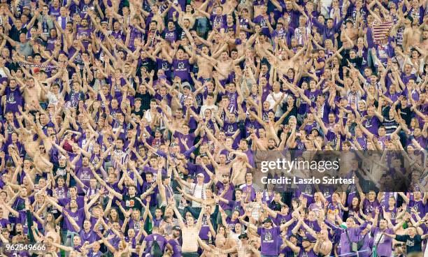 Ultra fans of Ujpest FC celebrate the victory during the Hungarian Cup Final match between Puskas Akademia FC and Ujpest FC at Groupama Arena on May...