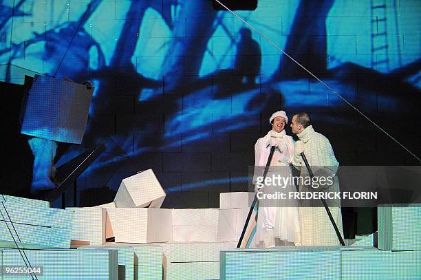 Artists perform during the rehearsal of "Mord im Burgtheater", by author and director Bulgarian director Ivan Stanev on January 27, 2010 at the...