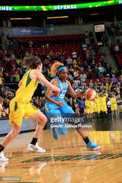 Cheyenne Parker of the Chicago Sky handles the ball against the Seattle Storm on May 25, 2018 at Key Arena in Seattle, Washington. NOTE TO USER: User...