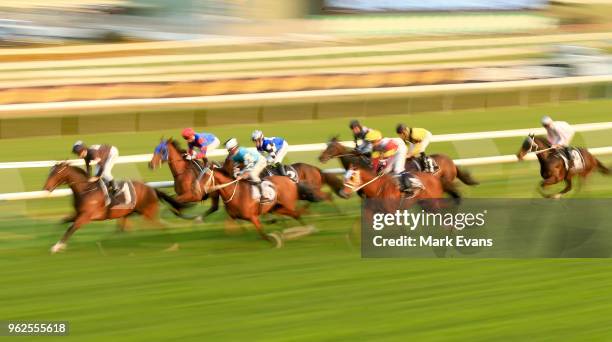 Horses go round for the first time in race 7 which was won by Jay Ford on Destiny's Kiss during Sydney Racing at Royal Randwick Racecourse on May 26,...