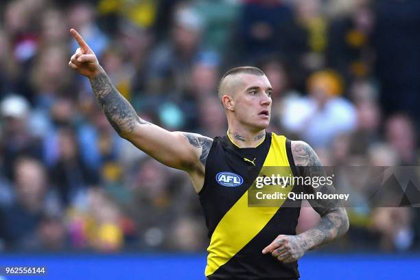 Dustin Martin of the Tigers celebrates kicking a goal during the round 10 AFL match between the Richmond Tigers and the St Kilda Saints at Melbourne...